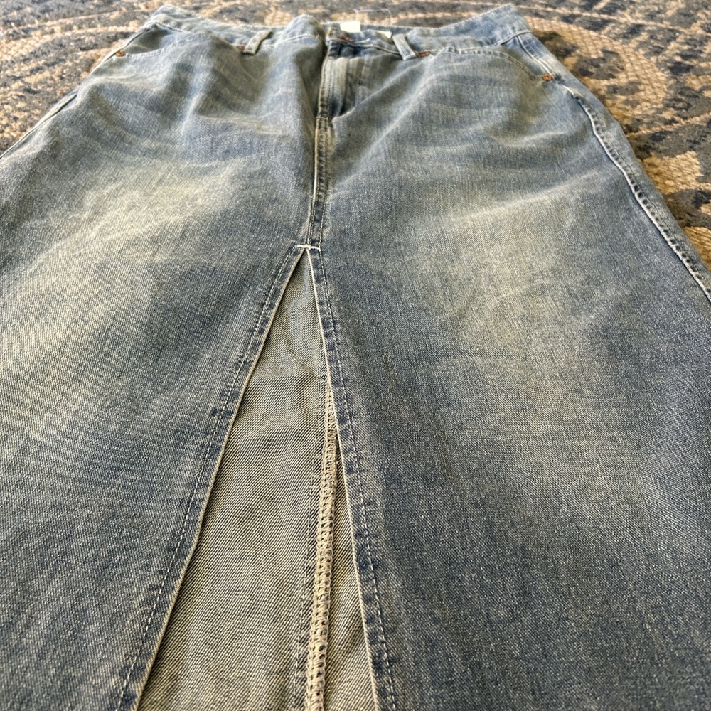Straight-Leg Denim Midi Skirt with Front Slit - Blue